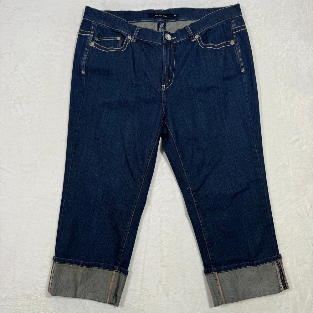 Calvin Klein Jeans Capri Womens 18W Blue Dark Wash Cropped Cuffed Stretch Denim